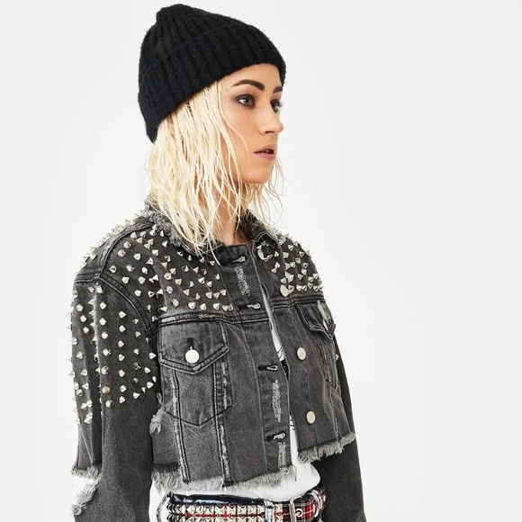 AZALEA WANG metal stud crop denim jacket AKIRA rare - Picture 3 of 12